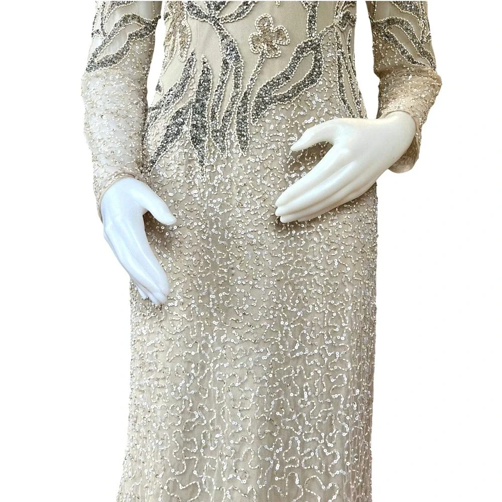 Adrianna Papell Embellished Illusion Gown Beaded Floral Sequin Sz 6  Maxi Modest - Picture 4 of 9